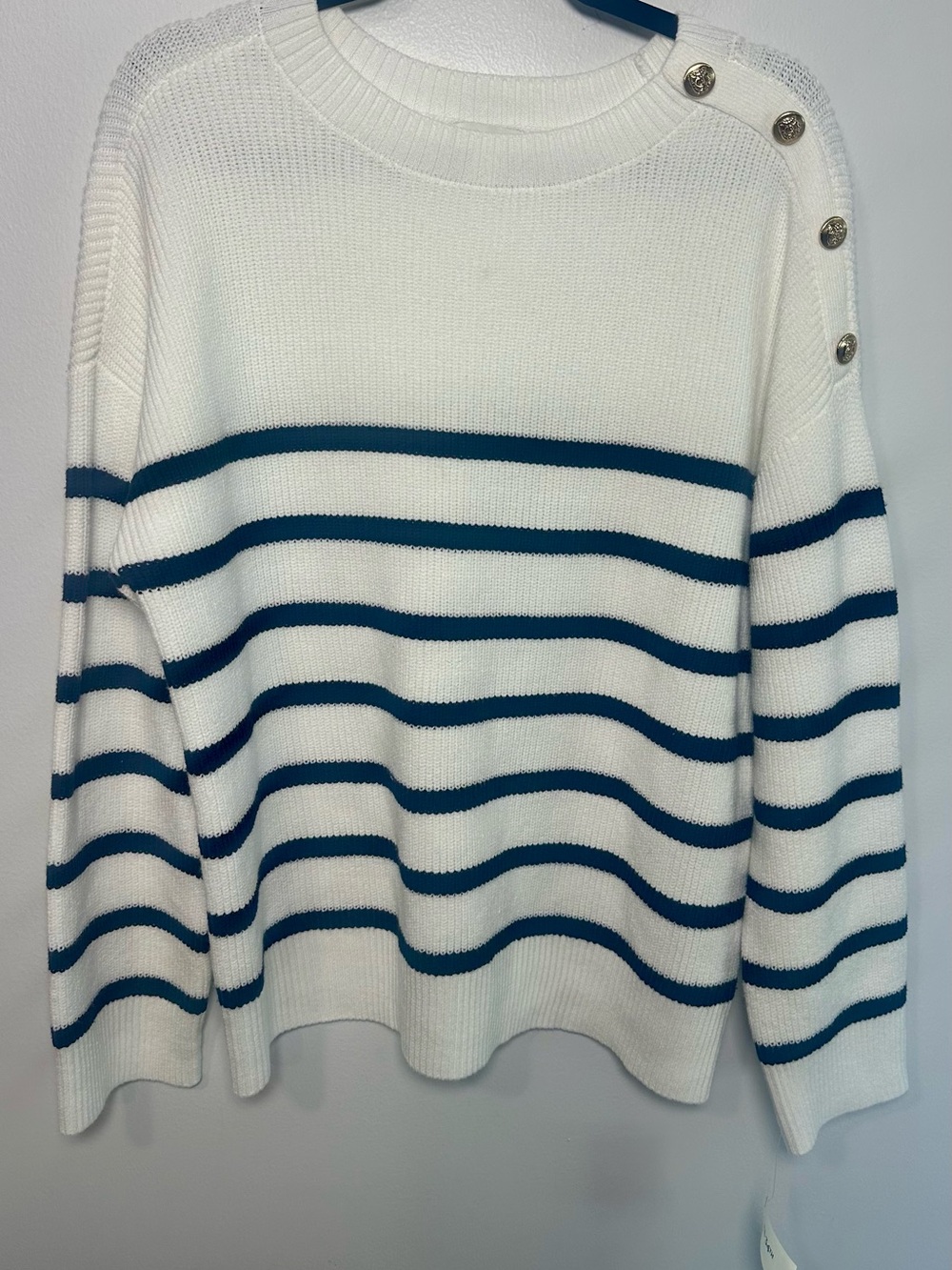 Crewneck Striped Button-Shoulder Sweater - White & Navy